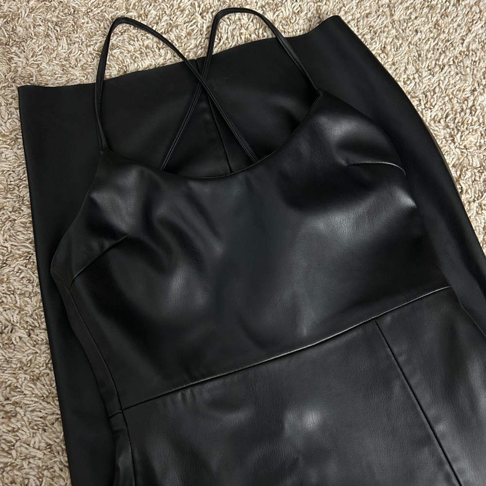 ZARA Black Leather Strappy Dress form fitting fit XS